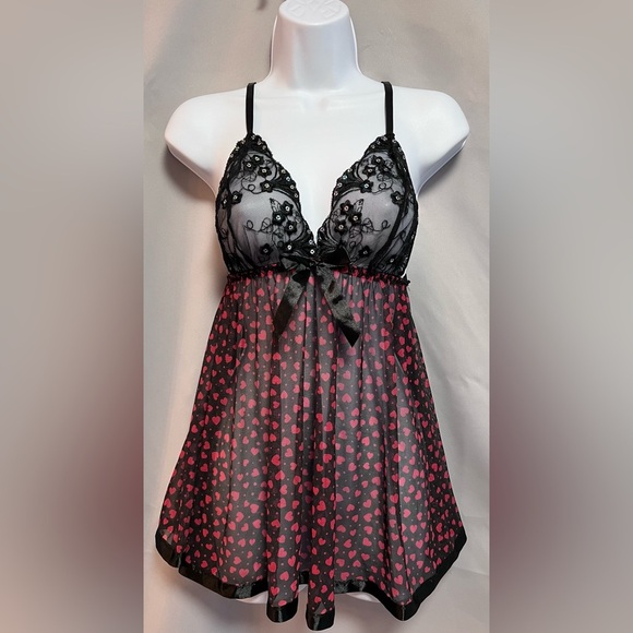 Red & Black Hearts‎ Sheer Babydoll Chemise Lingerie Women’s Size Small - Picture 1 of 8